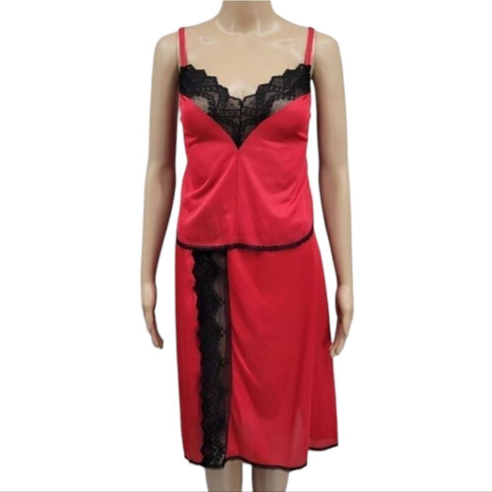 Juliana Vintage Red Nylon and Black Lace Matching Skirt / Cami Set Valentine's